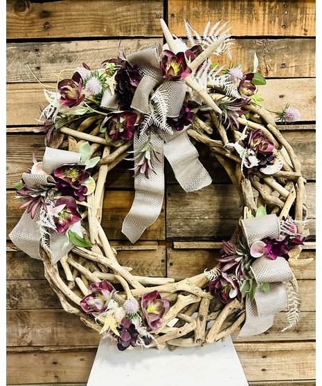 DRIFTWOOD WREATH WITH BURGUNDY ACCENTS (SILK)