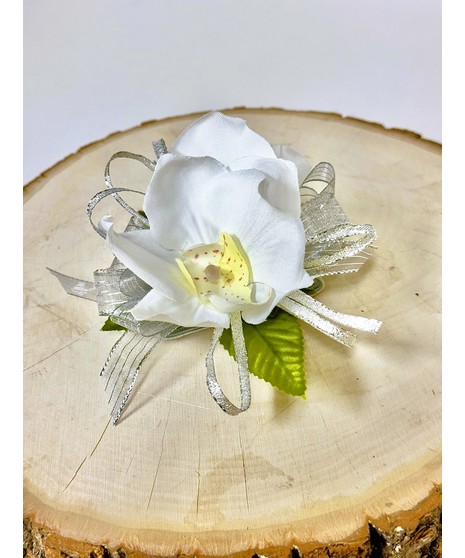 WHITE ORCHID CORSAGE w/SILVER RIBBON (SILK)