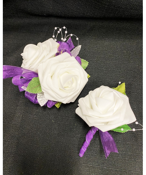 White & Purple Corsage & Boutonniere Set (Silk)