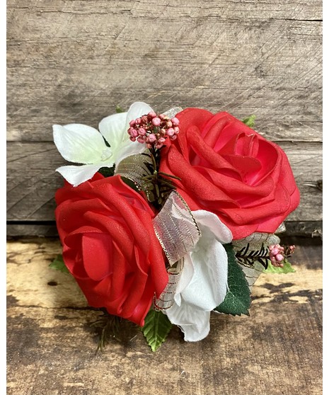 red and white silk rose corsage