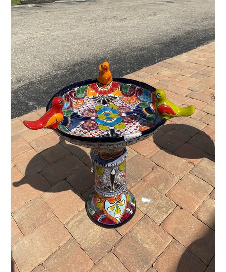 talavera birdbath with fun bird accents