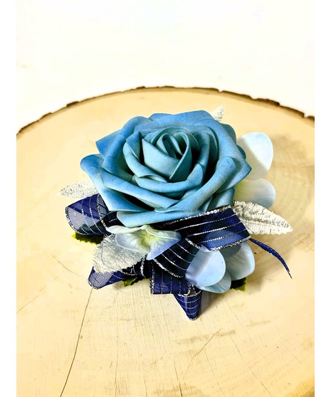 DUSTY BLUE CORSAGE (SILK) w/ROYAL BLUE RIBBON