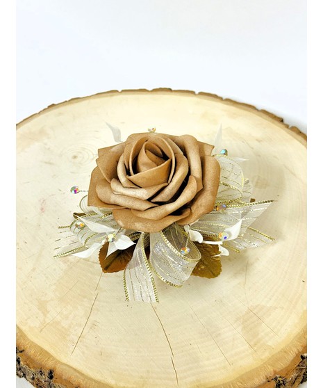 bronze silk rose on ribbon corsage