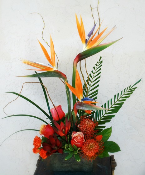 Birds in the Woods - carnations, birds of paradise, swetheart roses, and ruscus and greenery 
