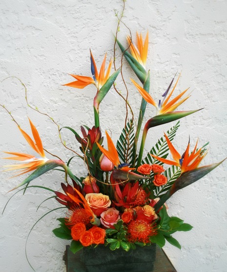 Birds in the Woods - carnations, birds of paradise, swetheart roses, and ruscus and greenery 