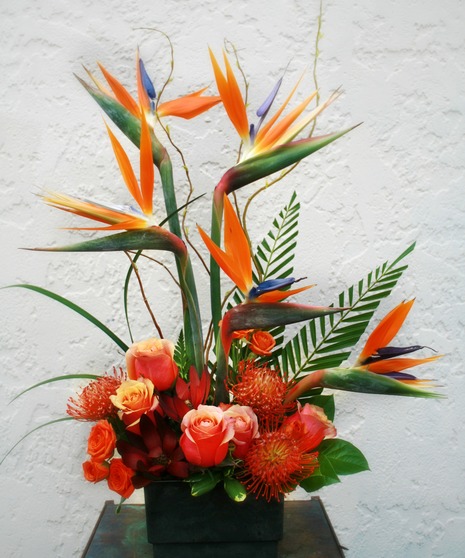Birds in the Woods - carnations, birds of paradise, swetheart roses, and ruscus and greenery 