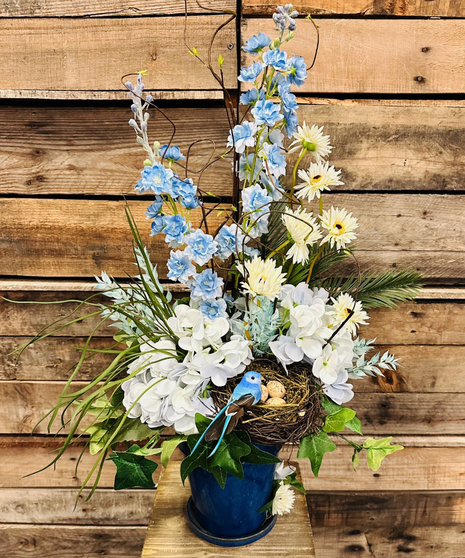 blue and cream floral arrangement