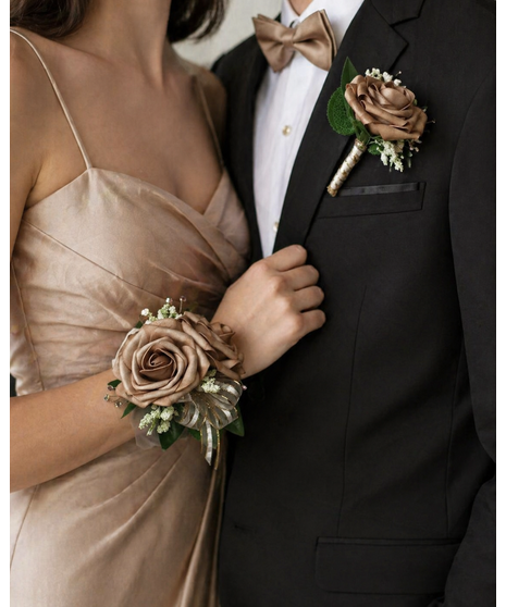 silk taupe rose corsage and boutonniere set