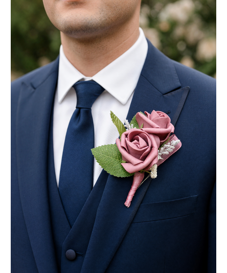 mauve silk rose boutonniere with pearl accents