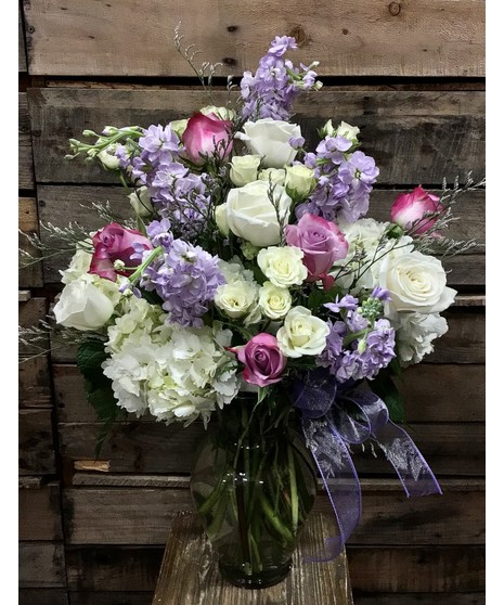 Enchanted Cottage Lavendar stock and purple roses 