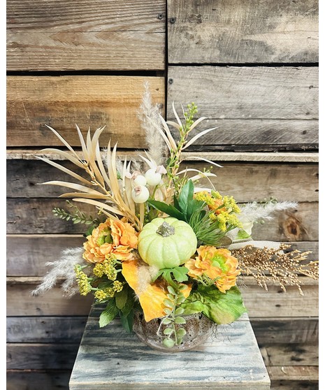 autumnal silk arrangement with gourds, sunflowers, and more!