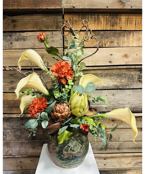 silk brown and white autumnal arrangement with miniature chartreuse velvet pumpkins