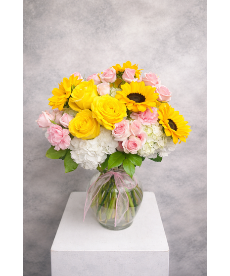 Roses, gerbers and hydrangea create Fashionista Blooms