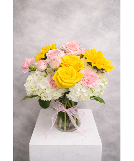 Roses, gerbers and hydrangea create Fashionista Blooms