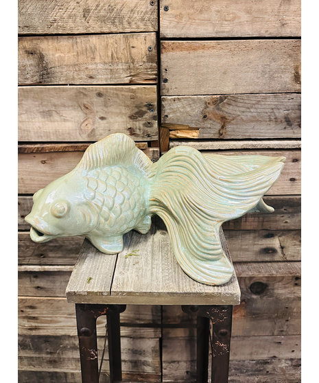 ceramic gold fish in bronzed jade tones