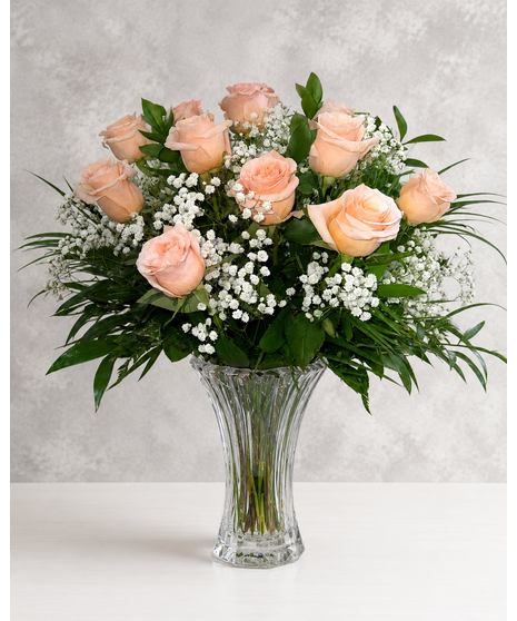 PEACH ROSES IN CRYSTAL VASE