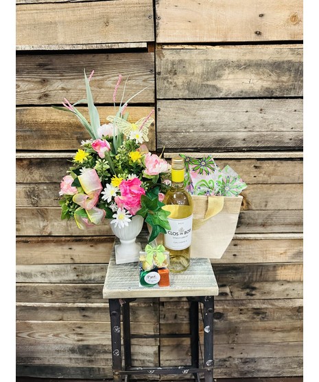 gift set with garden-style arrangement and chocolates