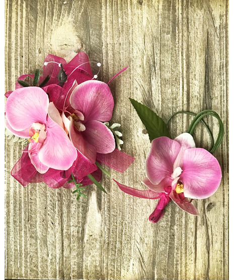 silk pink orchid corsage and boutonniere set