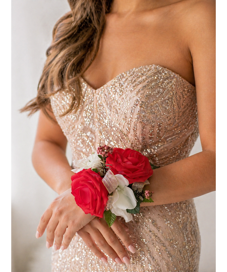 red and white silk rose corsage
