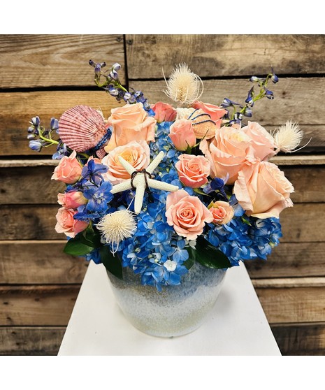 peach and blue floral arrangement