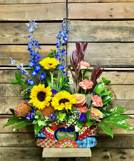 sunflowers and carnations in Talavera pot
