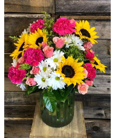 Sunlit Meadows - sunflowers, roses, mini carnations