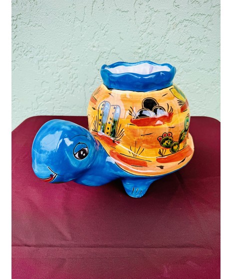 planter in the shape of turtle in talavera style