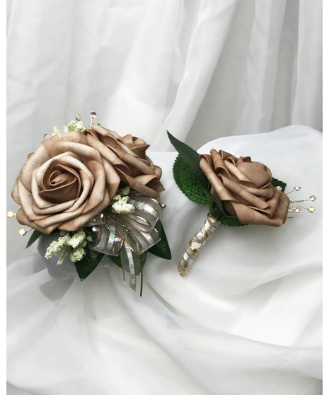 Taupe Rose Corsage & Boutonniere Set (Silk)