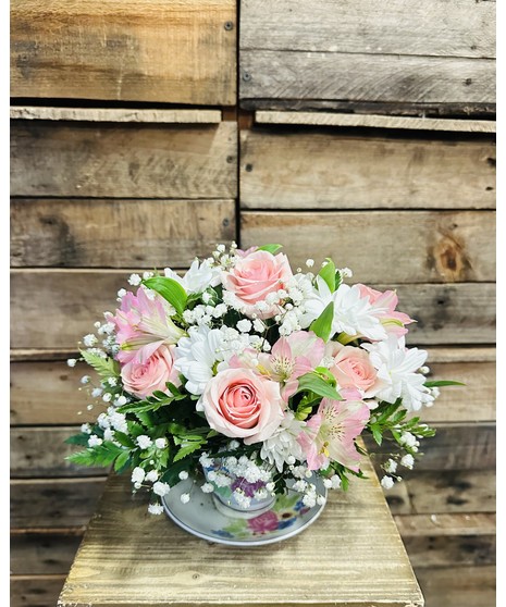Tea Time - mix of spray roses, daisies and lillies in a keepsake Tea Cup