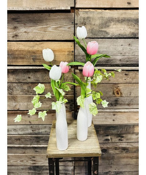 pink and white tulips with ivy accents