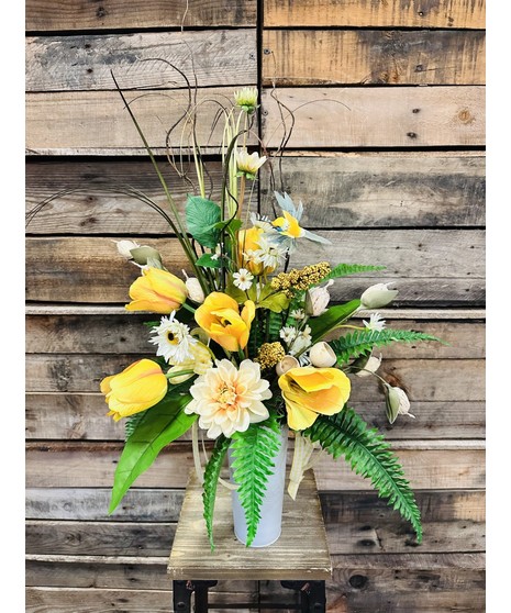 yellow tulips with white gerberas and more