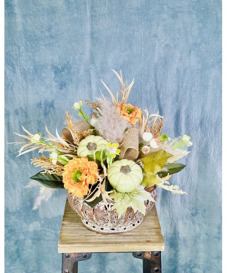 autumnal silk arrangement with gourds, sunflowers, and more!