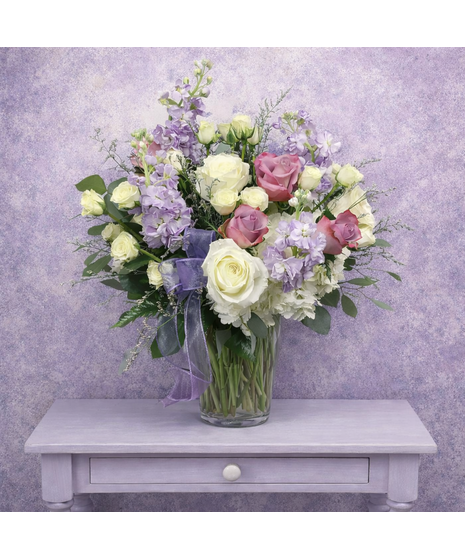 Enchanted Cottage Lavendar stock and purple roses 