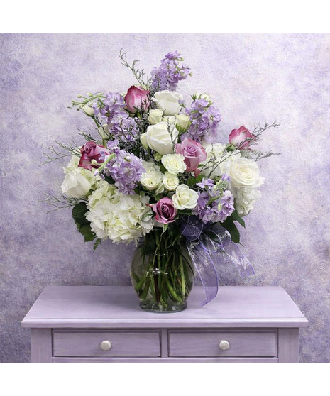Enchanted Cottage Lavendar stock and purple roses 