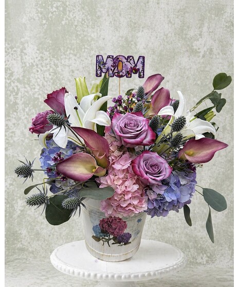 colorful pink and blue flowers with butterflies