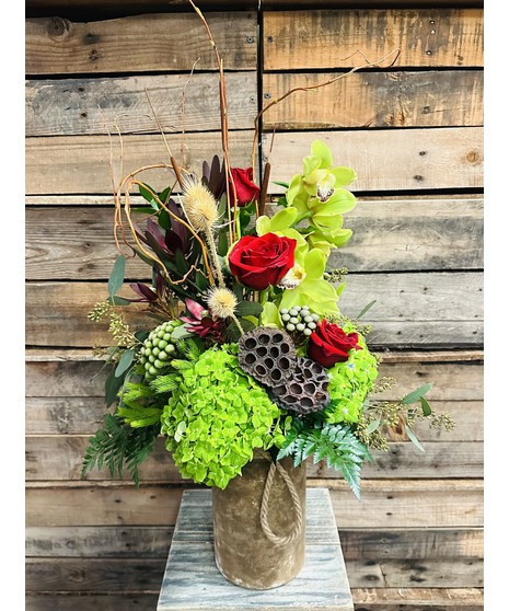 colorful red roses with green hydrangeas