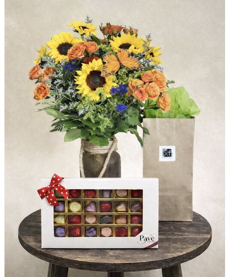 sunflowers and statice with butterfly accents