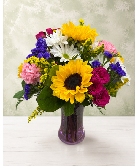 Sunlit Meadows - sunflowers, roses, mini carnations