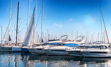 Yachts and sailboats docked in a marina on calm water, with clear blue skies and scattered masts in the background.
